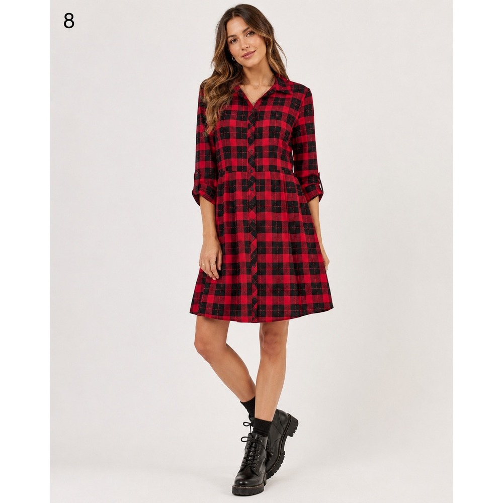 ModCloth Shirt Dress Womens Large Red Black Buffalo Plaid Cotton Flannel Pockets
